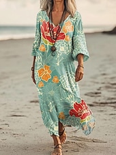 preiswerte Blumenkleider-Frauen Maxi Kleid Strandkleid A-Linie Kleid Urlaub Lässig Strand Outdoor Urlaub Alltag Reguläre Passform Floral Grafik Lange Ärmel V-Ausschnitt Hellgrün Sommer Frühling