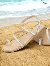 cheap Vacation Sandals-Women&#039;s Pearl Strappy Flat Sandals – Elegant Rhinestone Beach Sandals for Summer, Weddings, and Casual Outings