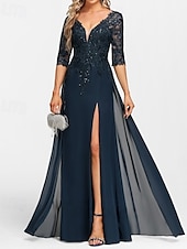 preiswerte Bodenlänge-A-Linie Brautmutterkleid Hochzeitsgast Elegant V Ausschnitt Bodenlang Chiffon Halbarm mit Applikationen Geteilter Vorderteil 2025