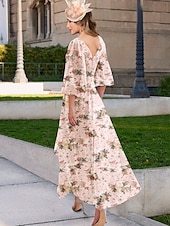 preiswerte Bodenlänge-A-Linie Brautmutterkleid Blumenmuster Elegantes Vintage Einfaches V-Ausschnitt bodenlang Chiffon 3/4-Länge Blasenärmel mit Falten Details und 3D-Blumen Hochzeitsgastkleid 2025