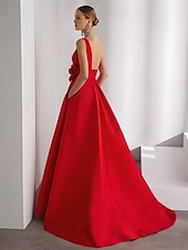 cheap RED-A-Line Evening Gown Elegant Dress Formal Wedding Floor Length Sleeveless Crew Neck Satin with Slit 3D Flower