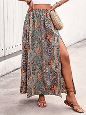 cheap Graphic Skirts-Women&#039;s Skirt A Line Swing Casual Boho Maxi High Waist Skirts Graphic Paisley Print Split Ends Vacation Holiday Blue Purple Summer Polyester