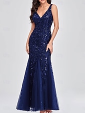 abordables Longueur du plancher-Sirène / Trompette Robes pour invités de mariage Élégant Robe robe demoiselle d honneur Longueur au sol Sans manches Col en V Dentelle avec Appliques 2025