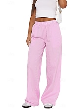 preiswerte weites Bein und hohe Taille-Damen Weites Bein Stoffhosen Mode Streetwear Volle Länge Natürliche Taille Gestreift Tasche Elastischer Bund Bequem Straße Ausgehen Rosa Blau Sommer Normale Passform
