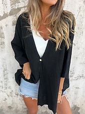 preiswerte Hemden-Damen Hemd Leinen-inspirierte Hemden Knopfleiste Bluse Einfach Basic Modern Langarm V Ausschnitt Normale Oberteile Täglich Ferien Knöpfe Schwarz Orange Braun Grün Beige Sommer