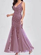 abordables Longueur du plancher-Sirène / Trompette Robes pour invités de mariage Élégant Robe robe demoiselle d honneur Longueur au sol Sans manches Col en V Dentelle avec Appliques 2025