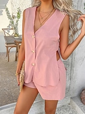 cheap Sets-Women&#039;s Active Basic Linen-Inspired Sets Two Piece Sets Vest Sleeveless V Neck Solid Color Casual Daily Black White Pink Summer Regular Fit