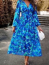 cheap Floral Dress-Women&#039;s Midi Dress A Line Dress Fit And Flare Dress Puff Sleeve Dress Vacation Casual Vacation Daily Regular Fit Graphic Long Sleeve V Neck Red Blue Green Apricot Summer