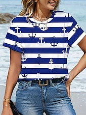 billige Stripe og geometrisk t-skjorte-Dame T skjorte Stripet Anker Fritid Kortermet Rund hals Vanlige topper Daglig Trykt mønster Marineblå Sommer
