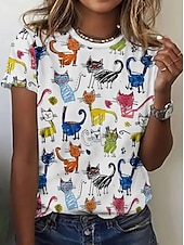 halpa Eläimet tee-Naisten T-paita Kesän yläosat Painettu Kuvitettu Kissa Klassinen Vapaa-aika Lyhythihainen Tiukka pyöreä kaula-aukko Rajaa topit Päivittäin Viikonloppu Sateenkaari Kesä Kevät Syksy