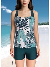 baratos Swimdresses-Mulheres Roupa de Banho 2 partes Calção roupa de banho Frente Única Geométrico Férias Roupa de Praia Gráfico Folhas Scoop pescoço Sem Manga Fatos de banho