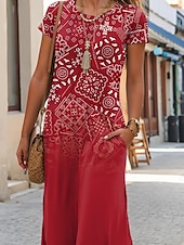 billiga Boho-klänning-Dam Maxiklänning T shirtklänning Sommarklänning Ledigt Dagligen Normal Grafisk Paisley Kortärmad Rund hals Rubinrött Sommar