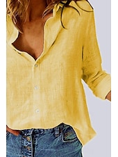 abordables Chemises-Femmes Chemise Chemises en coton et lin Boutonner Chemisier Uni Moderne Occasionnel manche longue Col de chemise Hauts Réguliers Quotidien Fête Sortir Boutons Noir Blanche Jaune Rose Claire Été