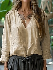 abordables Chemises-Femmes Chemises inspirées du lin T-shirt Chemisier Uni Élégant Occasionnel manche longue Col en V Hauts Réguliers Quotidien Sortir Week-end Rose Claire Vert Véronèse Kaki Bleu clair Été Printemps
