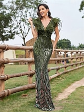 abordables Robes de Soirée-Robe de Quinceanera Sirène  Trompette Élégante Robe Mariage Mariée Invitée Longueur de Sol Sans Manches Col en V Spandex avec Sequins