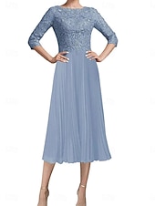 abordables Moins de 129,99 $-Robe Robe de Mère de Mariée  Élégant ancien Simple Col ras du cou Longueur thé Polyester Manche 3/4 avec Dentelle Couleur Unie 2025