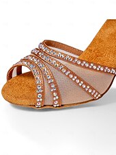 billige Sko til latindans-kvinners glitrende ballroomsandaler - peep toe, mesh-stropper, mellomhæl, latin salsa tango sko for konkurranse og fest