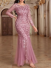 preiswerte Unter 129,99 $-Kleid Mutter der Braut Kleid Elegant Party Rundhalsausschnitt Bodendland Polyester Langarm mit Stickerei 2025