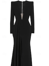 baratos PRETO-Vestido de noite em A-line vestido elegante formal cauda de arraste mangas longas gola em V crepe elástico com pregas fenda