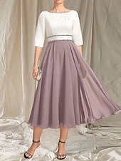 preiswerte Teelänge-A-Linie Brautmutterkleid Hochzeitsgast Elegantes Rundhals Tee-Länge Chiffon Satin Halbarm mit Perlen Raffung Midi Kleid 2025