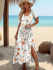 preiswerte Blumenkleider-Damen Maxi Kleid A-Linien Kleid T-Shirt Kleid Tee Kleid Sundress Sommerkleid Elegant Urlaub Tropisches Urlaub Strand Regulär Fit Floral Grafik Kurzarm Rundhals Blau Sommer