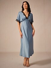 voordelige Feestjurken-Dames Maxi-jurk Schede jurk Elegant Stijlvol Bruiloft Feest Dagelijks Ruim Passend Effen Kleur Korte mouw V-hals blauw Zomer