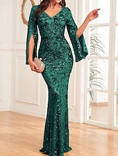 tanie Suknie wieczorowe-Syrena Sukienki na Quinceanera Elegancja Sukienka Ślub Gość weselny Sięgająca podłoża Długi rękaw W serek Spandeks z Cekin 2025