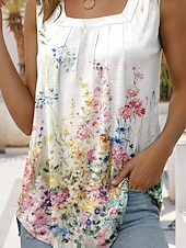 cheap Floral Tank Top-Women&#039;s Camisole Tank Top Floral Graphic Stylish Casual Sleeveless Square Neck Regular Tops Daily Holiday Ruched Print White Summer Spring