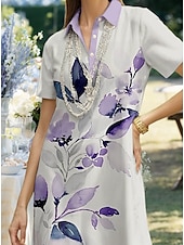 economico Abito Floreale-Per donna Abito Midi Abito a trapezio Vacanza Casual Quotidiano Data Vestibilità regolare Floreale Grafico Foglia Manica Corta Colletto a Camicia Argento Estate Primavera