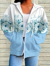 tanie Kwiatowe topy-Kobieca bluza z zamkiem błyskawicznym oversize kwiatowa active vintage sportowa długi rękaw kaptur regularne bluzki casualowe wakacyjne z regulacją kieszeń z przodu różowy niebieski fuksja zielony