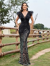 abordables Robes de Soirée-Robe de Quinceanera Sirène  Trompette Élégante Robe Mariage Mariée Invitée Longueur de Sol Sans Manches Col en V Spandex avec Sequins