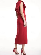 economico Abiti da cocktail-Abiti da Cocktail A-Line Abito Elegante Matrimonio Formale Lunghezza Tè Senza Maniche Collo a Giro Abito Rosso Crepe Elastico