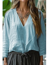 preiswerte Hemden-Damen Hemd Bluse Baumwoll-Leinen-Hemden Einfach Basic Modern Langarm V Ausschnitt Normale Oberteile Täglich Ferien Ausgehen Rosa Armeegrün Kamel Leicht Blau Sommer