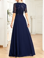 abordables Moins de 129,99 $-Robe pour mère de la mariée élégante robe de soirée décolleté rond longueur sol en chiffon spandex à manches courtes avec sequins