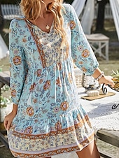 billiga Bohemklänningar-Dam Mini klänning Vardagsklänning Sommarklänning Boho-klänning Mode Utomhus Semester Dagligen Normal Blommig 3/4 ärm V-hals Gul Rodnande Rosa Blå Grön Sommar