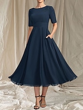 abordables Longueur du thé-Robe Mère de la Mariée A-Line Invité de Mariage Élégante Col Arrondi Longueur Thé Chiffon Manches Courtes avec Perles Appliques Robe Midi 2025