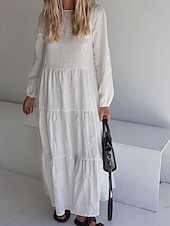 economico disegnare abiti in cotone e lino-Per donna Abito Midi Abiti ispirati al lino Abito in cotone e lino Moda Moderno All&#039;aperto Ferie Uscire Vestibilità regolare Semplice Manica Lunga Girocollo Nero Bianco Rosso Estate