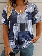 abordables T-shirt rayé et géométrique-Femmes T-shirt Graphique Géométrique Géométrie ancien Mode Occasionnel manche longue Col en V Hauts Réguliers Quotidien Sports Sortir Imprimé Bleu Poudré Été Printemps
