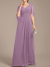 preiswerte Bodenlänge-A-Linie Brautmutterkleid Hochzeitsgast Elegant V Ausschnitt Bodenlang Chiffon Kurzarm mit Falten Raffung 2025