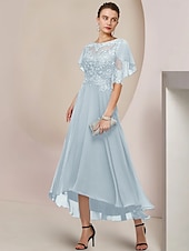 economico Lunghezza del tè-Abito per madre della sposa A-Line ospite di matrimonio elegante scollo a barchetta asimmetrico lunghezza tè chiffon pizzo manica mezza con applicazioni di perline 2025 taglia personalizzata gratuita