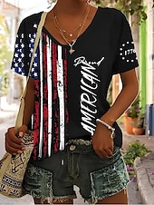 abordables Top jour de l’indépendance-T-shirt patriotique pour femmes graphique drapeau drapeau national élégant décontracté rouge blanc et bleu à manches courtes col en V régulier tops quotidiens impression noir été printemps