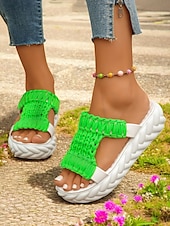 billige Uformelle sandaler-vevde plattformsandaler for kvinner - trendy gule lysbilder med åpen tå, behagelig sommerfottøy for fritids- og ferieklær