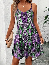 billige Kunst og Design Kjoler-Dame Mini kjole Kjole med A-linje Slipkjole Off The Shoulder-kjole Ferie Fritid Feriereise Daglig Normal Grafisk Leopard Ermeløs V-hals Kongeblå Blå Lilla Grønn Sommer