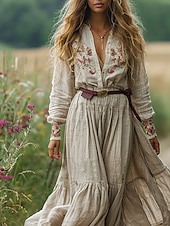 cheap Boho Dress-Women&#039;s Long Dress Maxi Dress Vintage Dress Swing Dress Print Dress Western Dress Fashion Classic Outdoor Vacation Going out Regular Fit Flower Long Sleeve V Neck Beige Summer