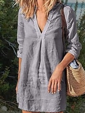 cheap Dresses-Women&#039;s Mini Dress Shift Dress Linen Casual Daily Regular Fit Graphic Long Sleeve V Neck Black White Wine Gray Summer