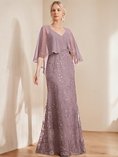 abordables Longueur du plancher-robe trapèze robe mère de la mariée élégante scintillante&amp;amp;Robe longue en mousseline de soie à col en V et manches courtes avec paillettes en dentelle 2025