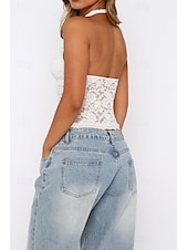 levne Krajkové topy-Dámské Tričko Halenka Bez vzoru Módní Na běžné nošení Bez rukávů Do V Crop Tops Víkend Krajka Slátanina Černá Bílá Fialová Léto