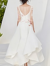 economico abiti da sposa casual-abiti da sposa casual da giardino, a-line, scollo a V, mezza manica, lunghezza al pavimento, abiti da sposa in raso con applicazioni floreali di perline e pizzo, volant 2025