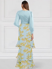 preiswerte GRÜN-A-Linie Abendkleid Elegantes Kleid Formelle Hochzeit Bodenlänge Langarm V-Ausschnitt Chiffon mit Floral Print Hochzeitsgastkleid