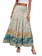 billiga Grafiska kjolar-Dam Kjol Gunga Ledigt Boho Maxi Mellanhög midja Kjolar Blommig Mönster Microelastisk Semester Gata Äppelgrå Violett Svart Mandel Sommar Polyester